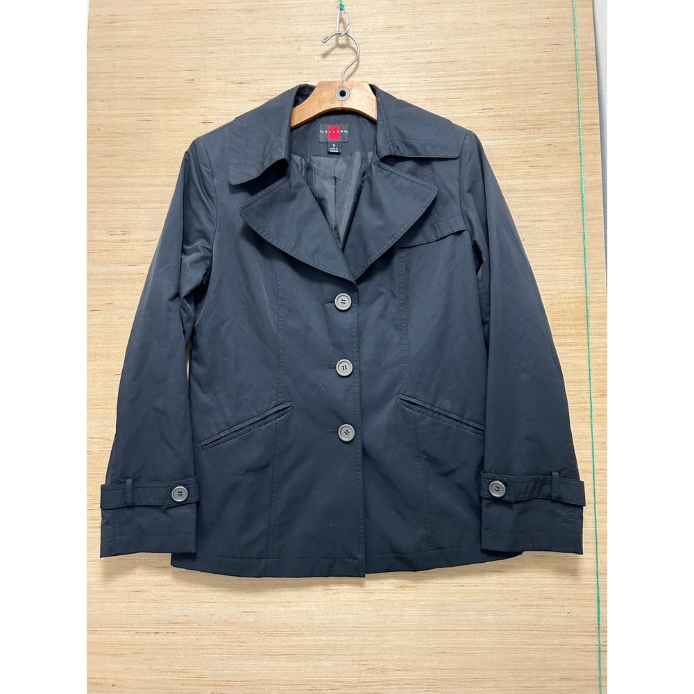 Gallery Womens Black Trench Style Button Front Jacket Small Lightweight Blazer